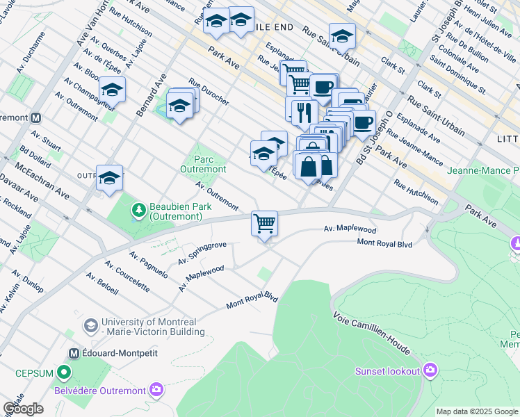 map of restaurants, bars, coffee shops, grocery stores, and more near 219 Avenue Mcdougall in Montréal
