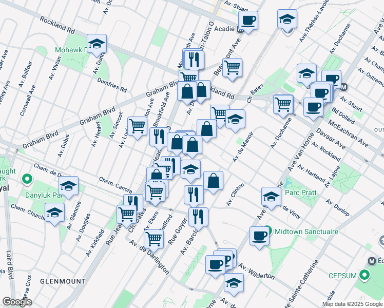 map of restaurants, bars, coffee shops, grocery stores, and more near 150 Chemin Bates in Mont-Royal