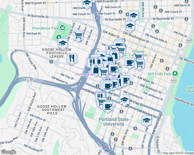 map of restaurants, bars, coffee shops, grocery stores, and more near 1129 Southwest Columbia Street in Portland