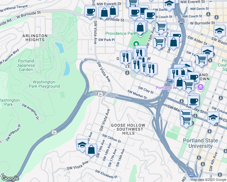 map of restaurants, bars, coffee shops, grocery stores, and more near 1636 Southwest Vista Avenue in Portland