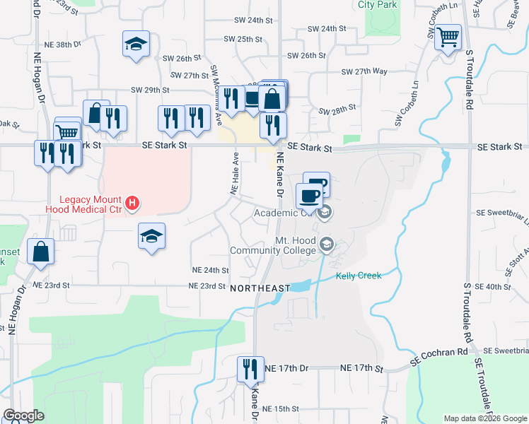 map of restaurants, bars, coffee shops, grocery stores, and more near 3300 Northeast 29th Street in Gresham