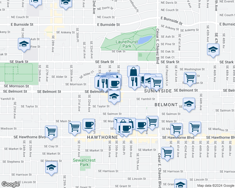 map of restaurants, bars, coffee shops, grocery stores, and more near 915 Southeast 35th Avenue in Portland