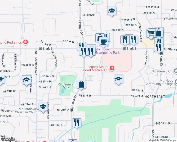 map of restaurants, bars, coffee shops, grocery stores, and more near 2658-2672 Northeast Hogan Drive in Gresham