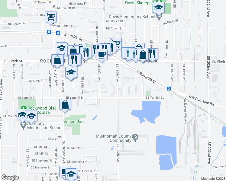 map of restaurants, bars, coffee shops, grocery stores, and more near 18837 Southeast Yamhill Street in Portland