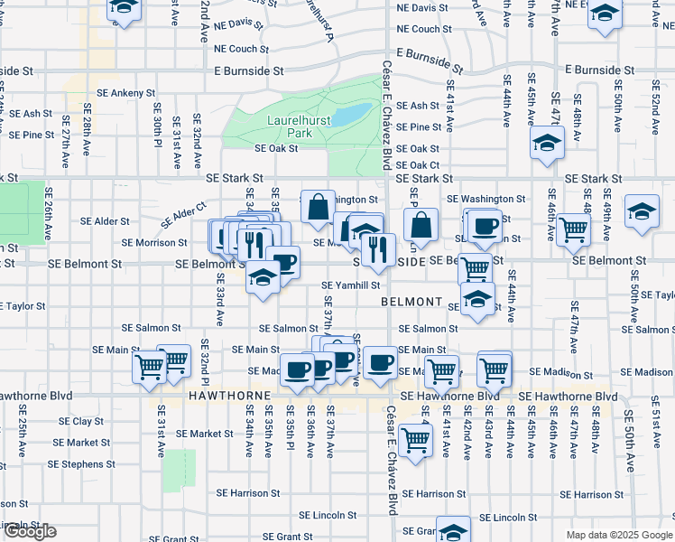 map of restaurants, bars, coffee shops, grocery stores, and more near 3735 Southeast Yamhill Street in Portland