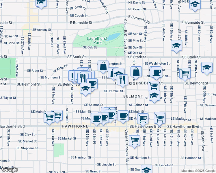 map of restaurants, bars, coffee shops, grocery stores, and more near 3735 Southeast Yamhill Street in Portland