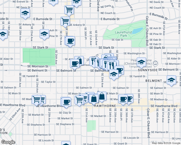 map of restaurants, bars, coffee shops, grocery stores, and more near 931 Southeast 32nd Avenue in Portland