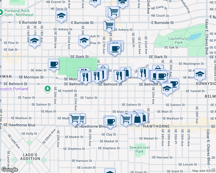 map of restaurants, bars, coffee shops, grocery stores, and more near 2805 Southeast Yamhill Street in Portland