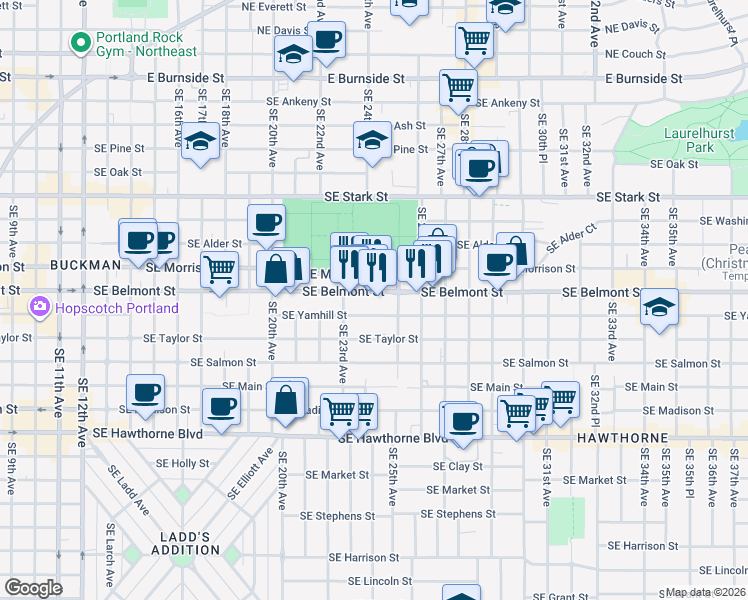 map of restaurants, bars, coffee shops, grocery stores, and more near 2345 Southeast Yamhill Street in Portland