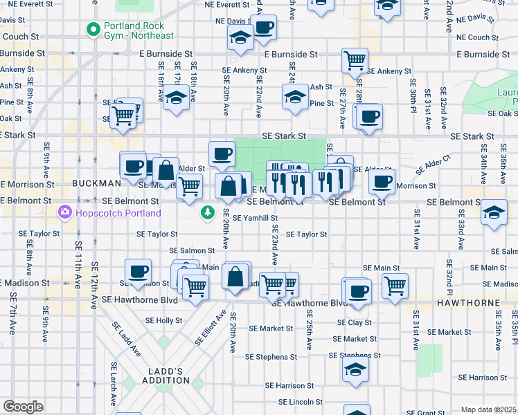 map of restaurants, bars, coffee shops, grocery stores, and more near 2305 Southeast Yamhill Street in Portland