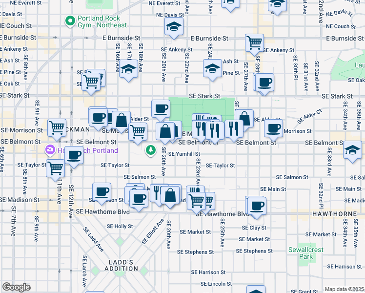 map of restaurants, bars, coffee shops, grocery stores, and more near 2045 Southeast Yamhill Street in Portland