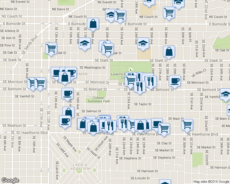 map of restaurants, bars, coffee shops, grocery stores, and more near 2045 Southeast Yamhill Street in Portland