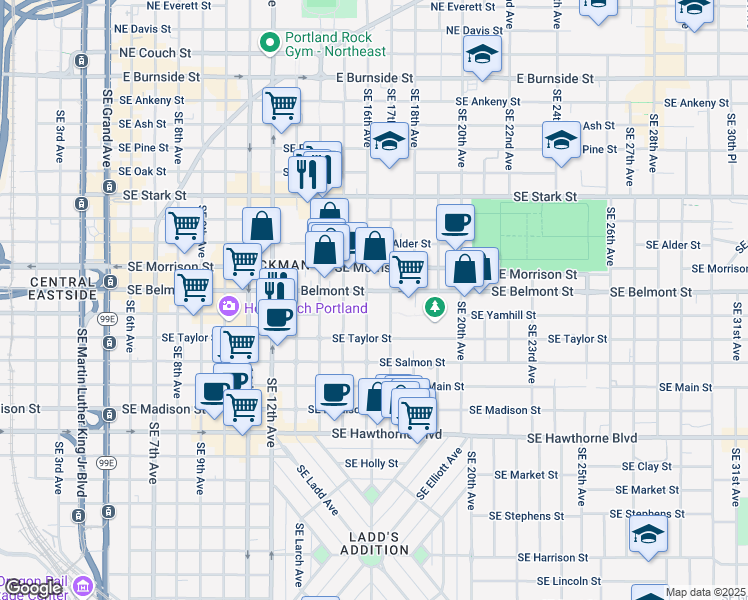 map of restaurants, bars, coffee shops, grocery stores, and more near 1611 Southeast Belmont Street in Portland