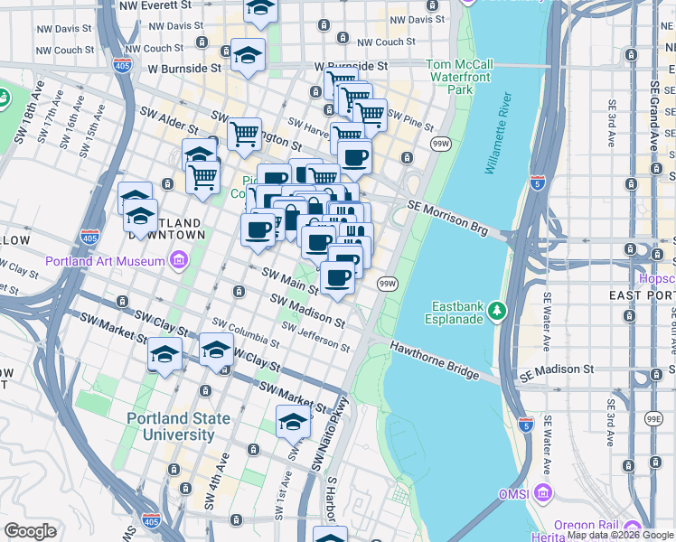 map of restaurants, bars, coffee shops, grocery stores, and more near 1030 Southwest 3rd Avenue in Portland