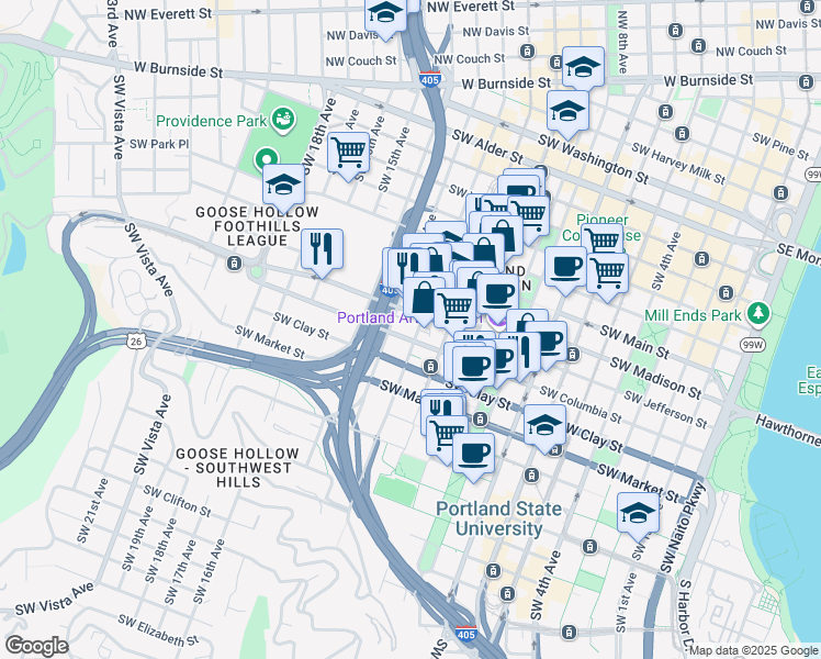 map of restaurants, bars, coffee shops, grocery stores, and more near 1129 Southwest Columbia Street in Portland