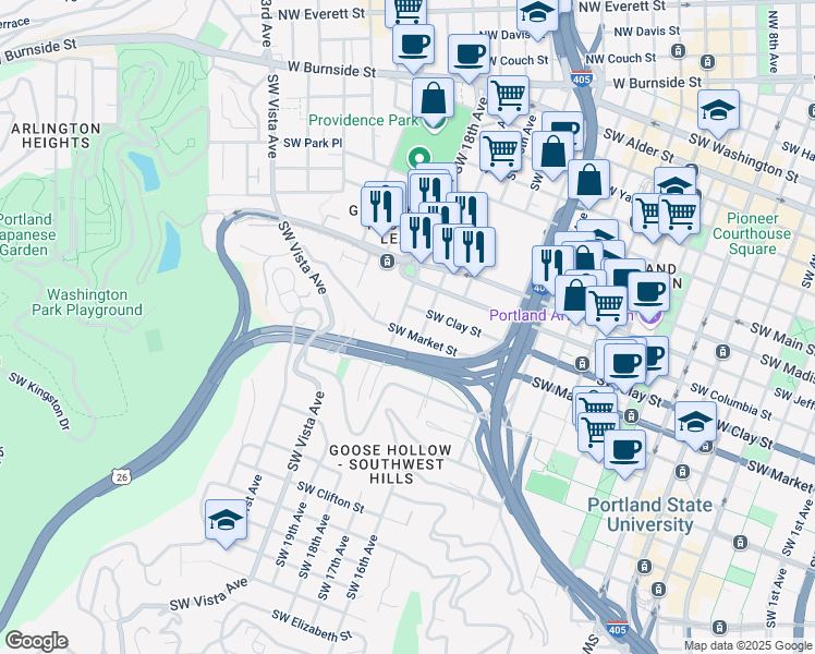 map of restaurants, bars, coffee shops, grocery stores, and more near 1535 Southwest 17th Avenue in Portland