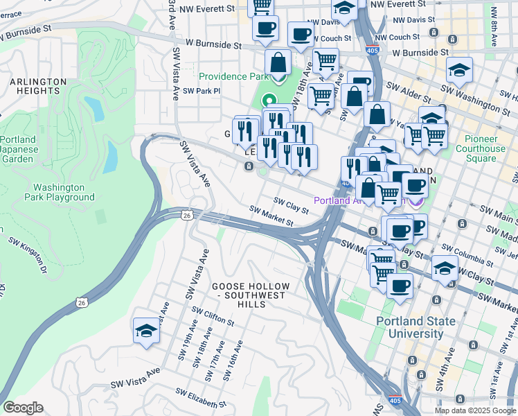 map of restaurants, bars, coffee shops, grocery stores, and more near 1535 Southwest 17th Avenue in Portland