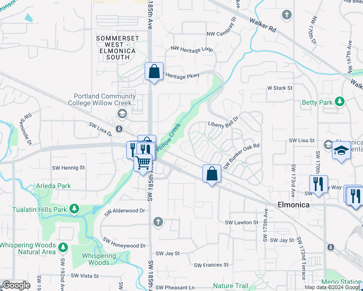 map of restaurants, bars, coffee shops, grocery stores, and more near 559 Southwest Georgetown Way in Beaverton