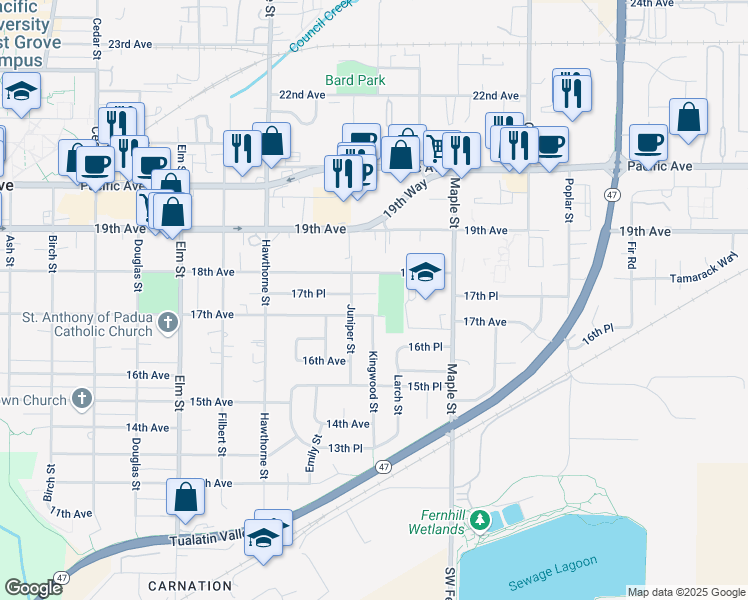 map of restaurants, bars, coffee shops, grocery stores, and more near 2925 17th Avenue in Forest Grove