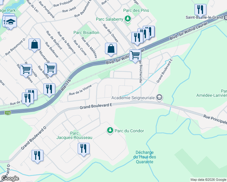 map of restaurants, bars, coffee shops, grocery stores, and more near 3625 Rue du Tamaris in Saint-Bruno-de-Montarville