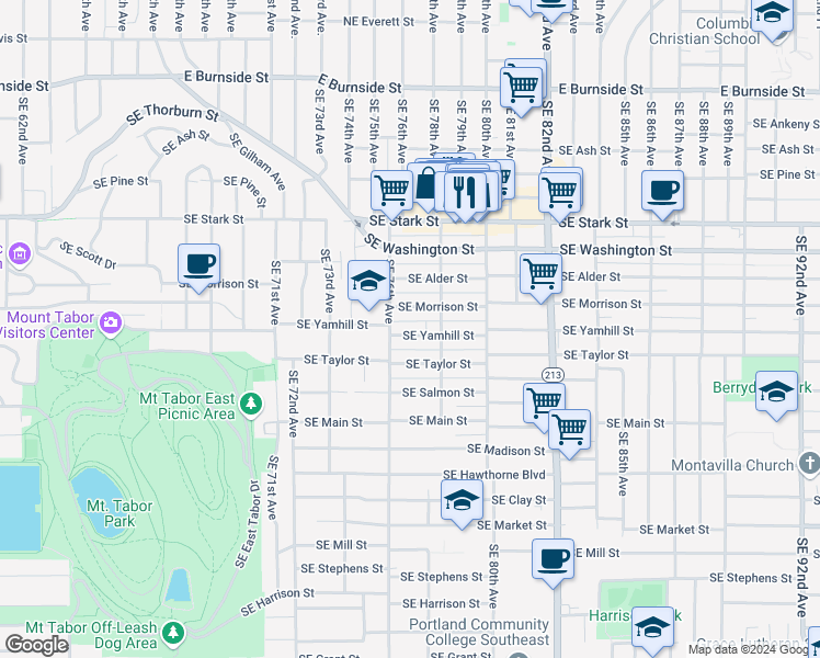 map of restaurants, bars, coffee shops, grocery stores, and more near 7633 Southeast Yamhill Street in Portland