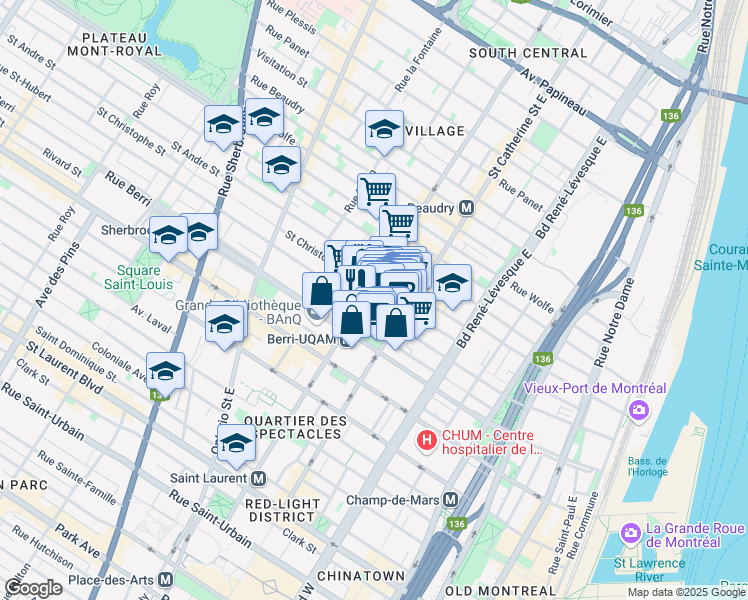 map of restaurants, bars, coffee shops, grocery stores, and more near in Montréal