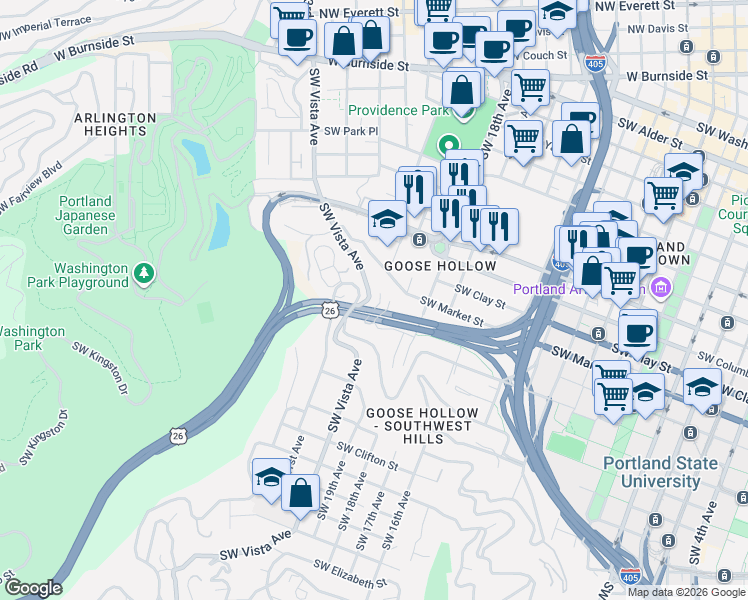 map of restaurants, bars, coffee shops, grocery stores, and more near 1636 Southwest Vista Avenue in Portland