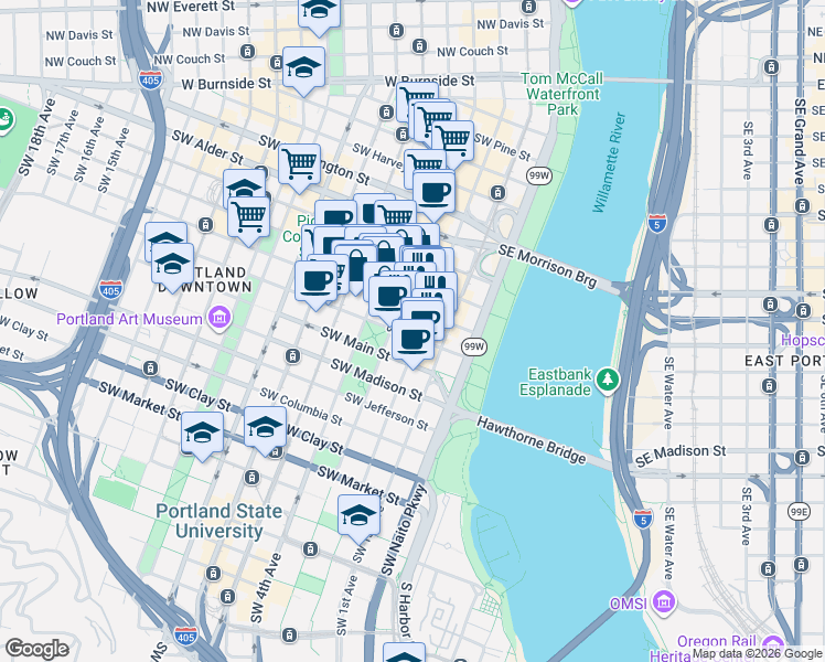 map of restaurants, bars, coffee shops, grocery stores, and more near 1030 Southwest 3rd Avenue in Portland
