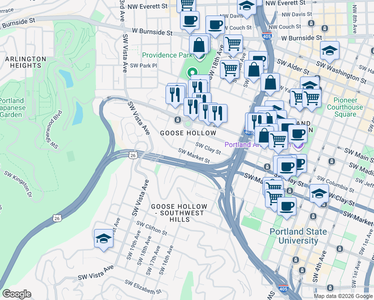 map of restaurants, bars, coffee shops, grocery stores, and more near 1535 Southwest 17th Avenue in Portland