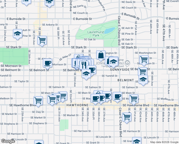 map of restaurants, bars, coffee shops, grocery stores, and more near 915 Southeast 35th Avenue in Portland