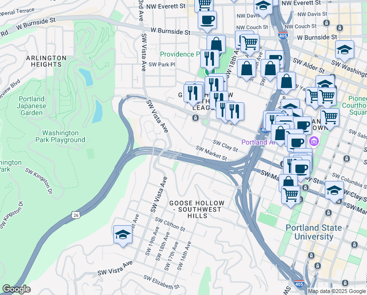 map of restaurants, bars, coffee shops, grocery stores, and more near 1824 Southwest Market Street in Portland