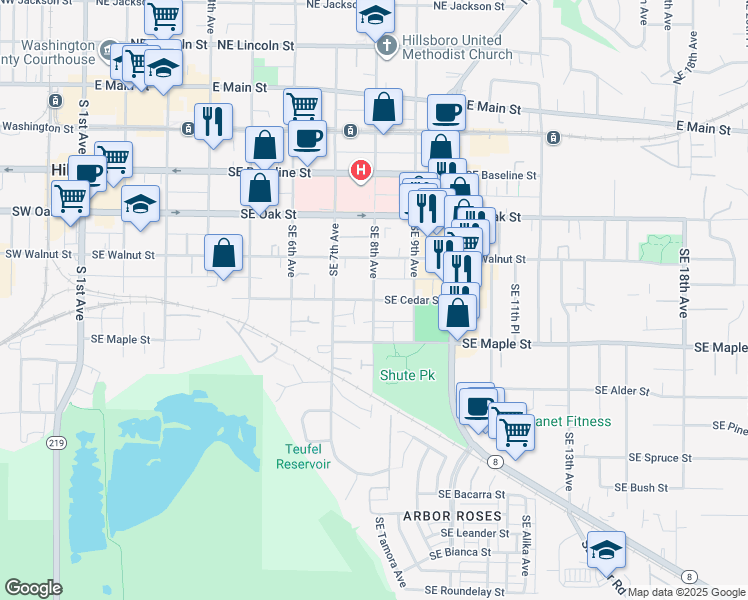 map of restaurants, bars, coffee shops, grocery stores, and more near Southeast 8th Avenue in Hillsboro
