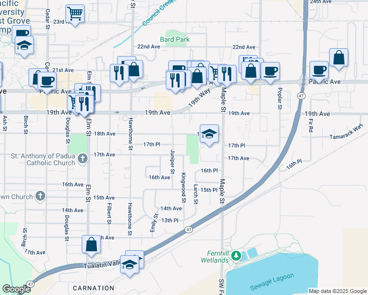map of restaurants, bars, coffee shops, grocery stores, and more near 2925 17th Avenue in Forest Grove