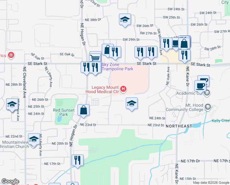 map of restaurants, bars, coffee shops, grocery stores, and more near 24700 Southeast Stark Street in Gresham