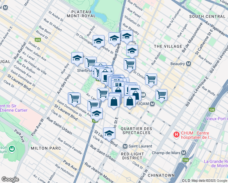 map of restaurants, bars, coffee shops, grocery stores, and more near 329 Rue Ontario East in Montréal
