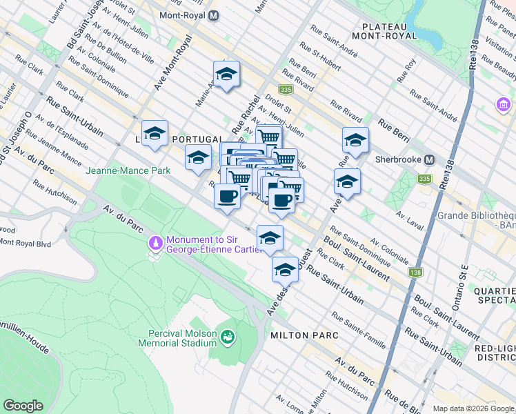map of restaurants, bars, coffee shops, grocery stores, and more near 27 Rue Bagg in Montréal