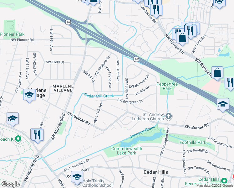 map of restaurants, bars, coffee shops, grocery stores, and more near 13085 Southwest Evergreen Street in Beaverton