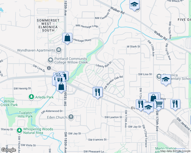 map of restaurants, bars, coffee shops, grocery stores, and more near 627 Southwest Philadelphia Way in Beaverton