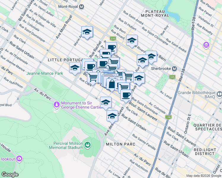 map of restaurants, bars, coffee shops, grocery stores, and more near 3887 Boulevard Saint-Laurent in Montréal
