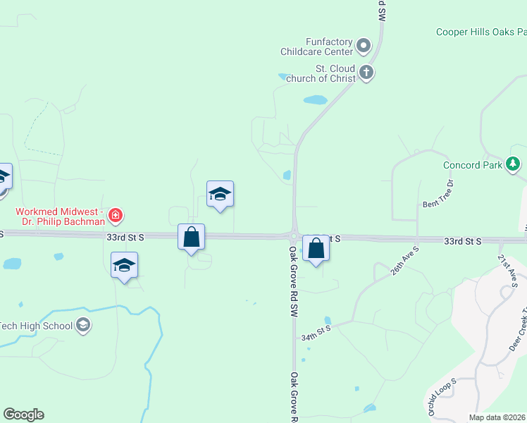 map of restaurants, bars, coffee shops, grocery stores, and more near 3596-4222 33rd Street South in Saint Cloud