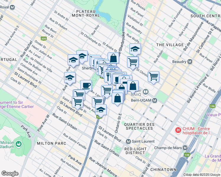 map of restaurants, bars, coffee shops, grocery stores, and more near 312 Rue Sherbrooke in Montréal