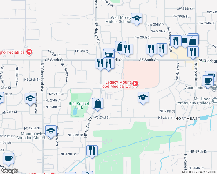 map of restaurants, bars, coffee shops, grocery stores, and more near 2658-2672 Northeast Hogan Drive in Gresham