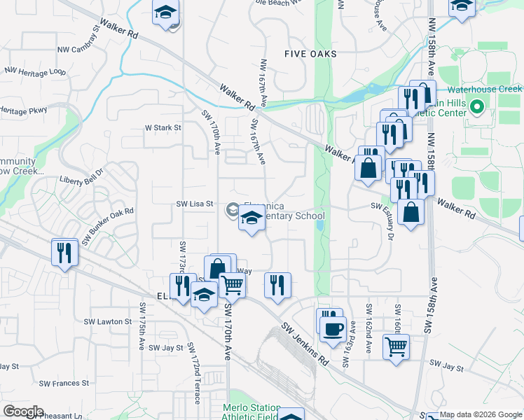 map of restaurants, bars, coffee shops, grocery stores, and more near 495 Southwest 167th Avenue in Beaverton