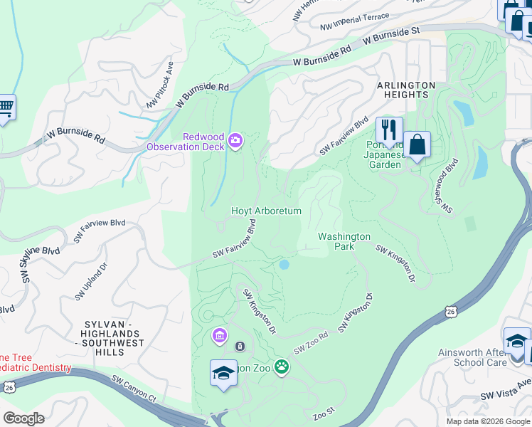 map of restaurants, bars, coffee shops, grocery stores, and more near 4000 Southwest Fairview Boulevard in Portland