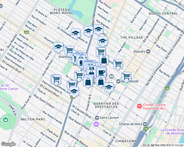map of restaurants, bars, coffee shops, grocery stores, and more near 329 Rue Ontario East in Montréal