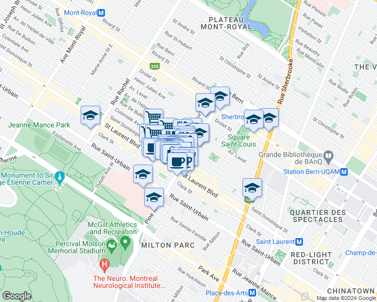 map of restaurants, bars, coffee shops, grocery stores, and more near 119 Avenue des Pins Est in Montréal