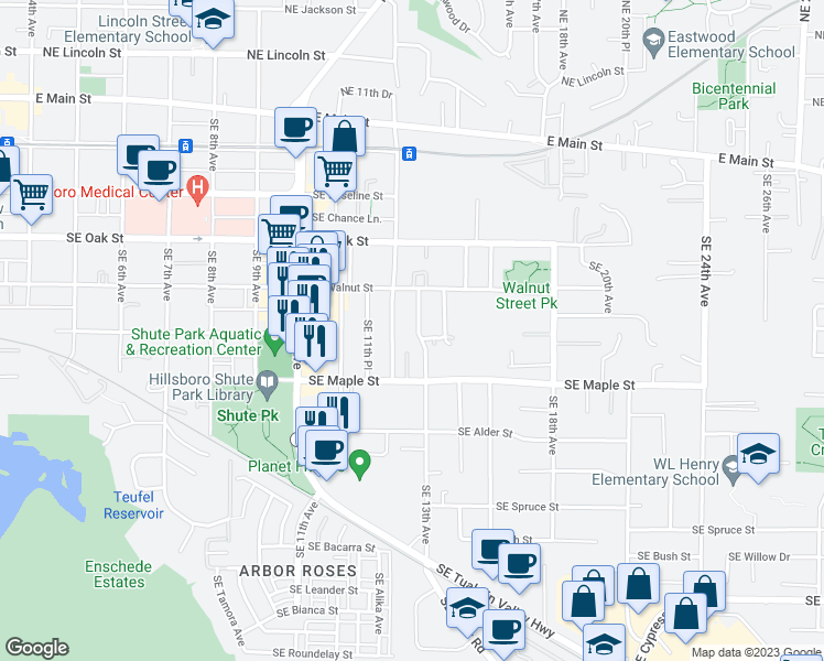 map of restaurants, bars, coffee shops, grocery stores, and more near 597 Southeast 13th Avenue in Hillsboro