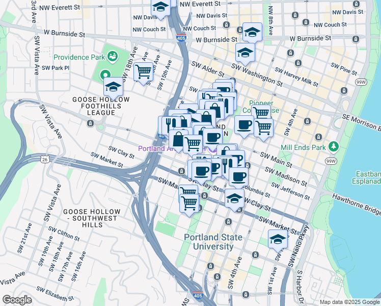 map of restaurants, bars, coffee shops, grocery stores, and more near SW Jefferson St & SW 11th Ave in Portland