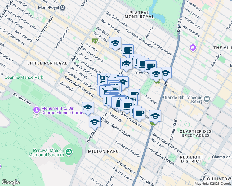 map of restaurants, bars, coffee shops, grocery stores, and more near 119 Avenue des Pins Est in Montréal