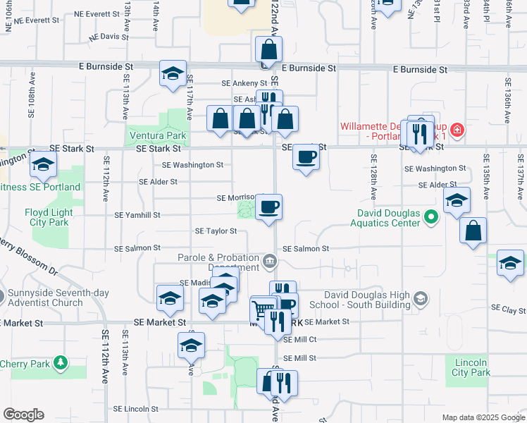 map of restaurants, bars, coffee shops, grocery stores, and more near 805 Southeast 122nd Avenue in Portland